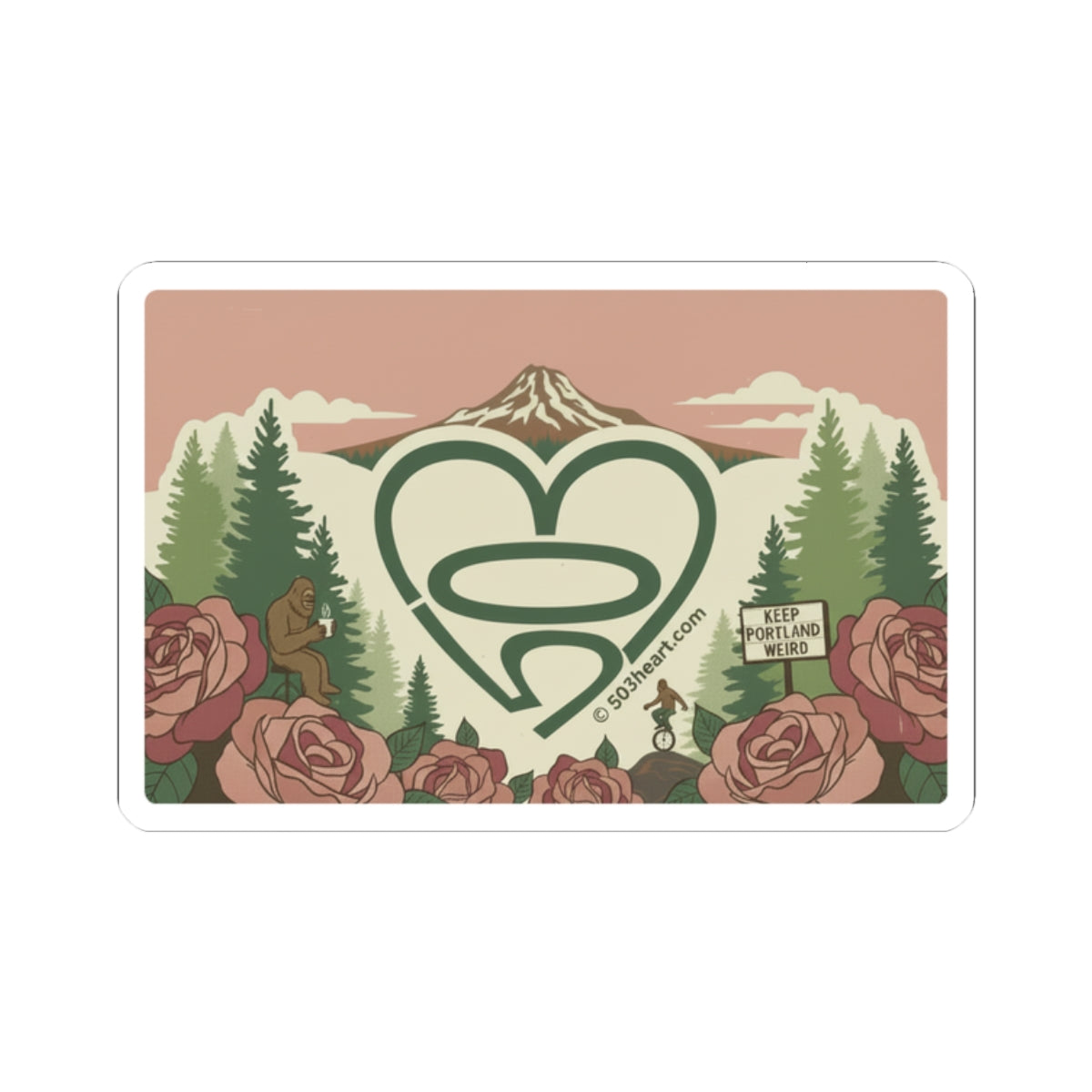 Portland Heart Logo Kiss-Cut Sticker — Scenic Rose & Forest Decal