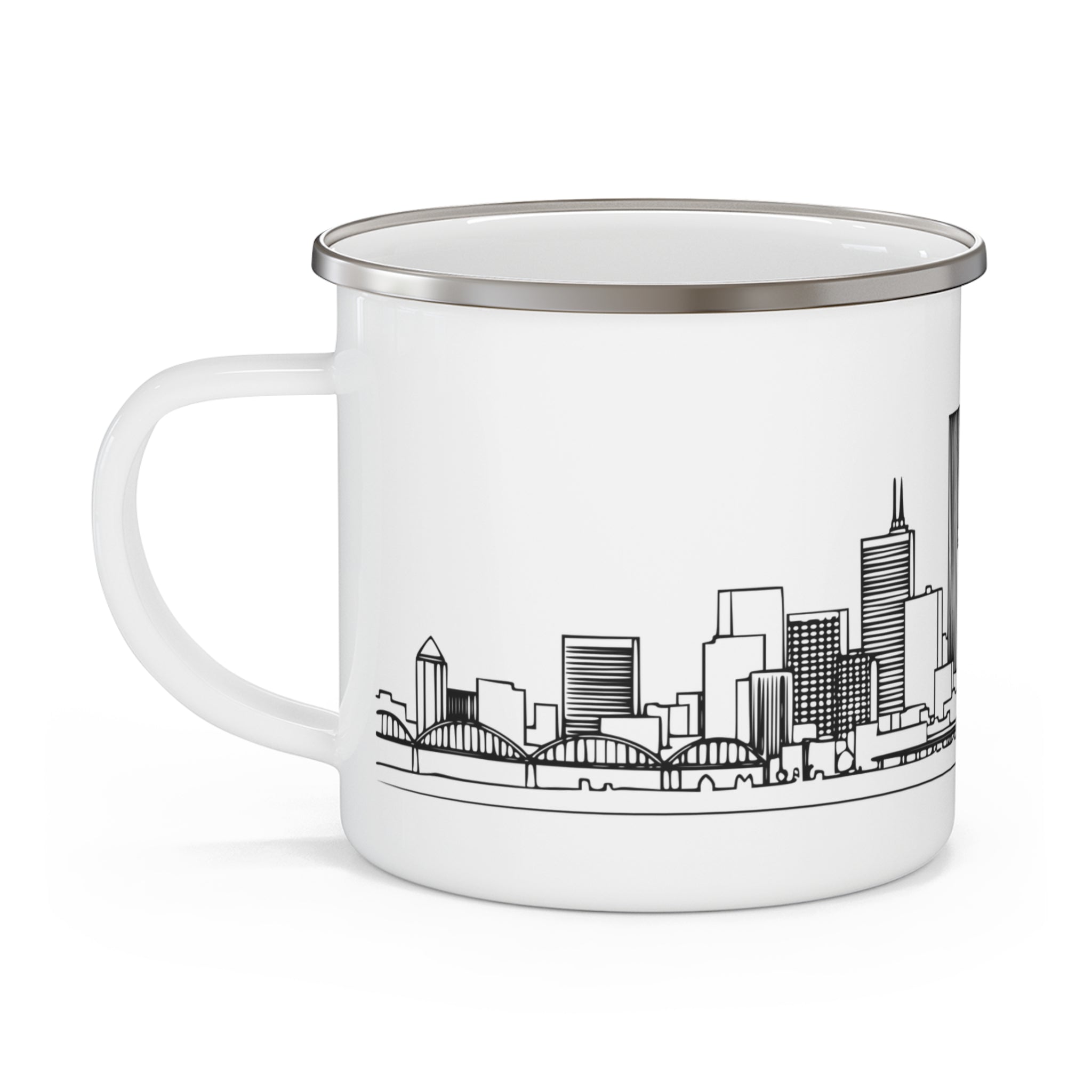 Enamel Portland City Skyline Mug — Minimalist Camping Coffee Cup
