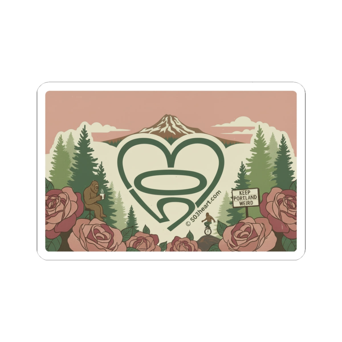 Portland Heart Logo Kiss-Cut Sticker — Scenic Rose & Forest Decal